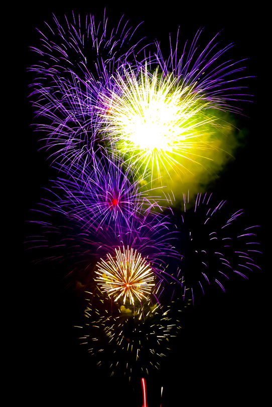 紫と黄色の打ち上げ花火の写真画像