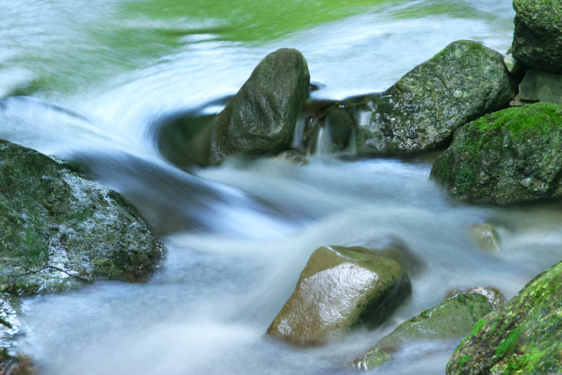 岩に流れる清らかな水の写真画像