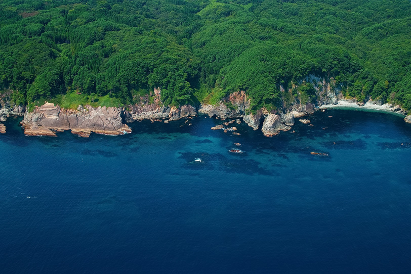 青い海に面した断崖の写真画像
