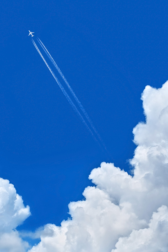 飛行機雲が伸びる夏の青空の写真画像