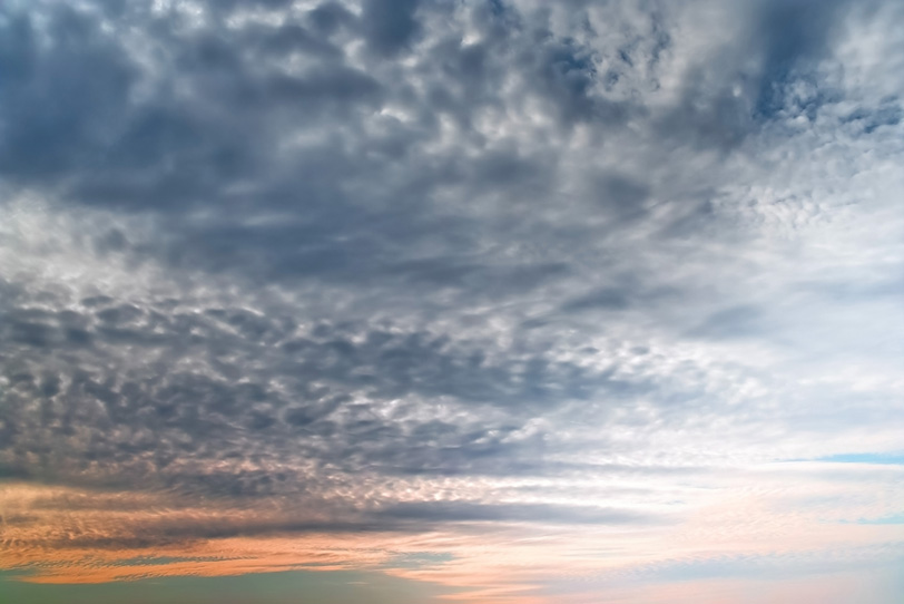 夕焼けに鱗の様な雲が被さるの写真画像