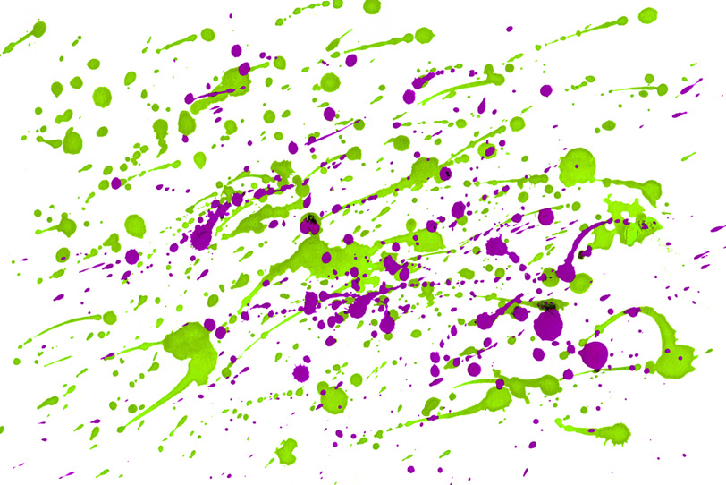 黄緑と紫の跳ね散る水彩背景の写真画像