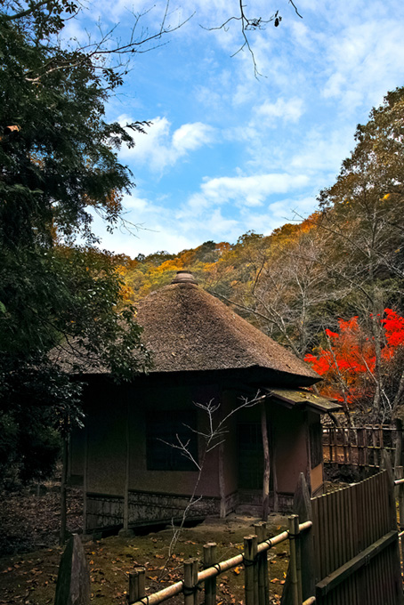 茶室のある和風の景色（秋の背景フリー画像）