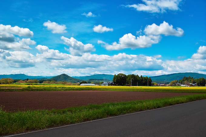 道路沿いに田畑がある田舎の風景（背景 景色の背景フリー画像）