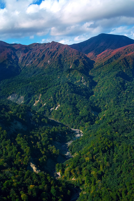 赤い山頂と緑の麓を流れる渓谷