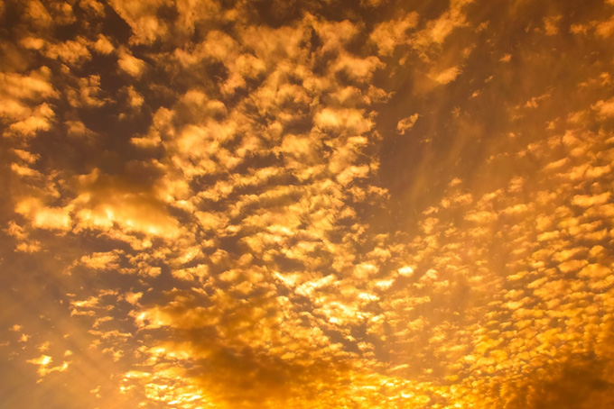 金色の雲が夕焼けに輝く写真（背景 空 画像の背景フリー画像）