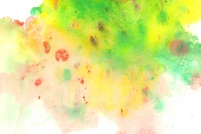 赤緑黄の薄塗りの絵具がにじむカラフルな紙（水彩 バックグラウンドの背景フリー画像）