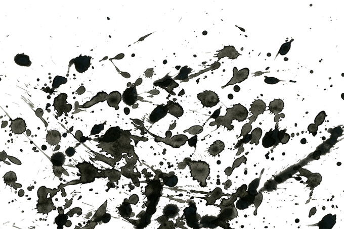 躍動的な黒い飛沫と白い背景画像（水彩 墨の背景フリー画像）